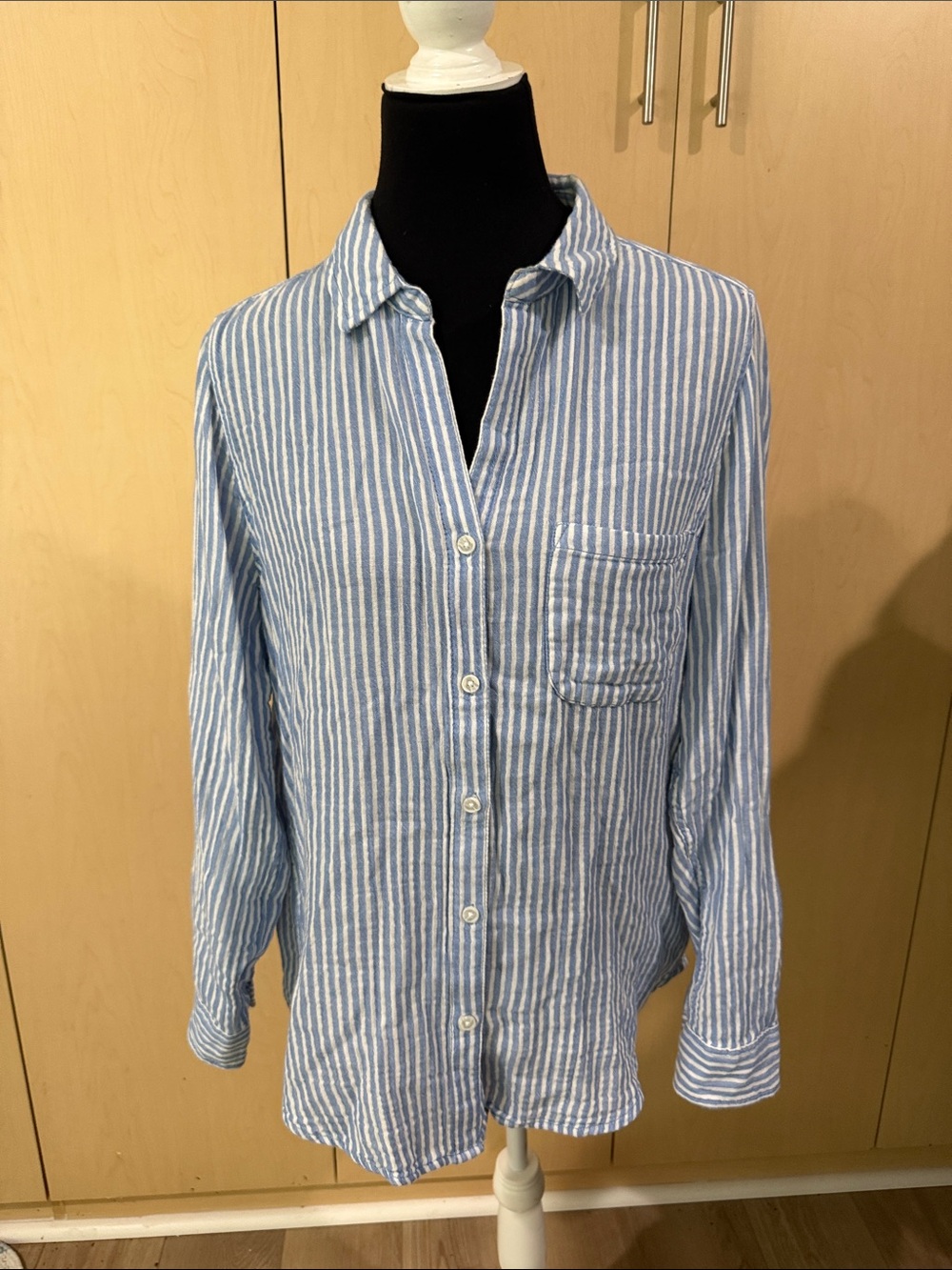 beachlunchlounge Light Blue and White Striped Women's Button Shirt
